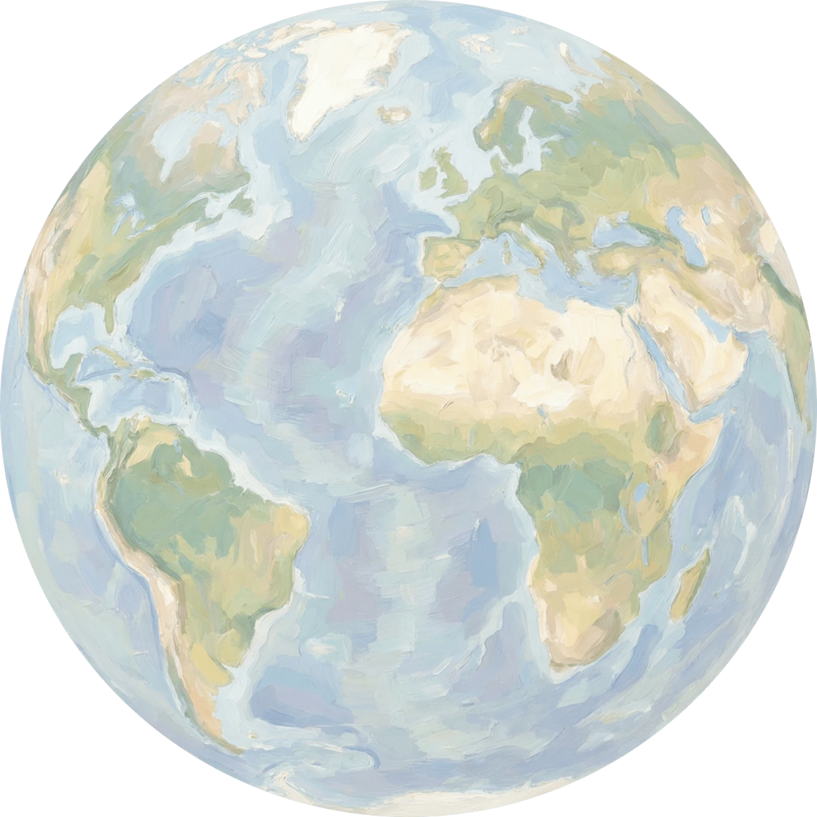 A softly painted globe in pale blue, green, and cream