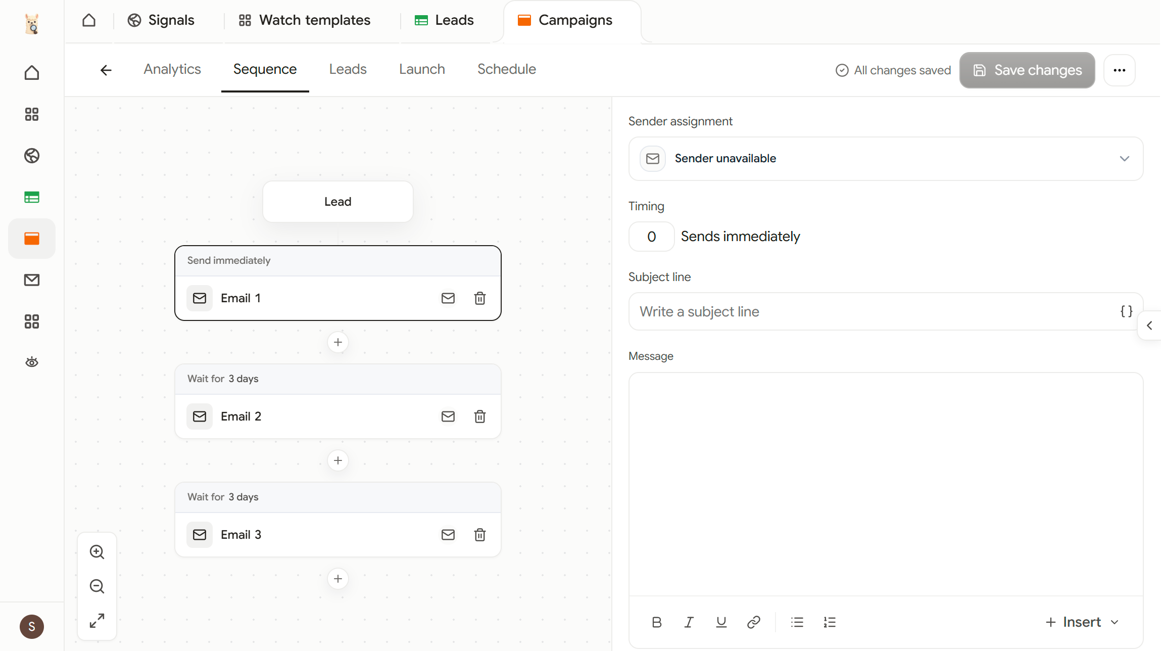 WatchLlama Campaigns workspace showing an outreach sequence builder