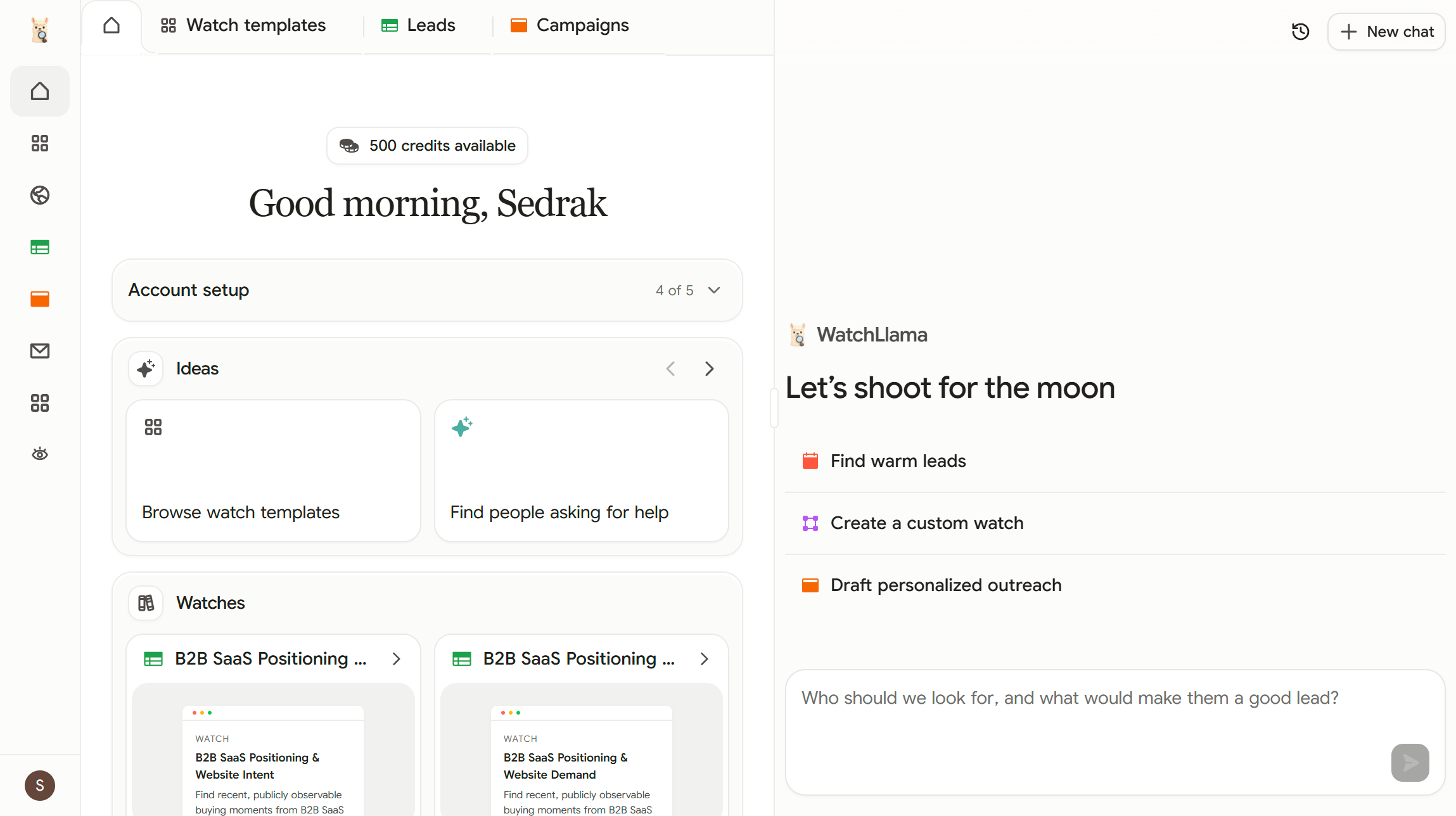 WatchLlama home workspace with a personalized assistant and active watches