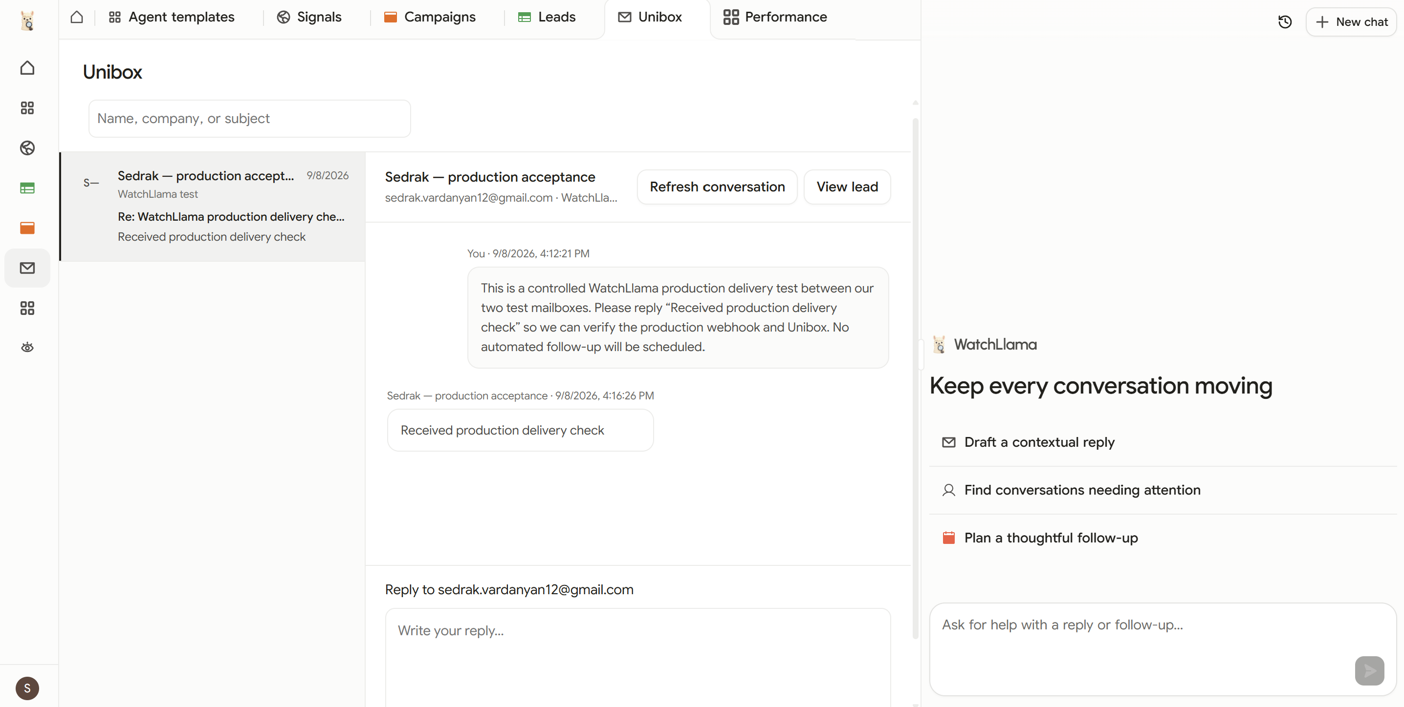 WatchLlama Unibox showing an email conversation and contextual follow-up tools